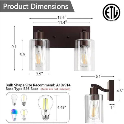 2 Lights Bathroom Light Fixtures Oil Rubbed Bronze Vanity Light with Clear Glass Shade 13in Modern Bathroom Lighting Fixtures Over Mirror for Bedroom/Living Room