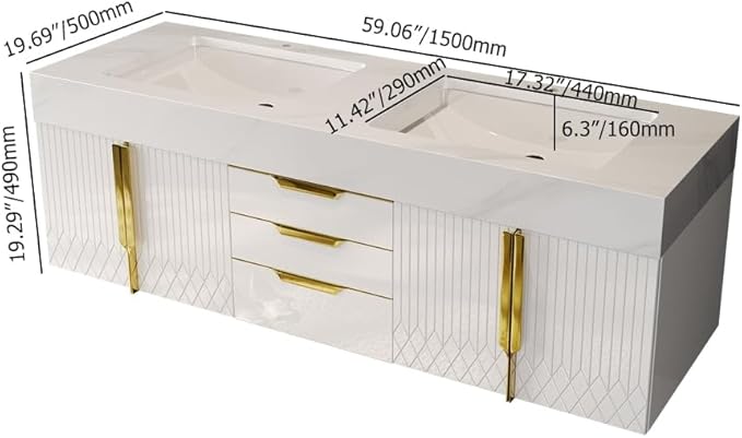 KunMai 59" White Floating Bathroom Vanity with Faux Marble Top, Double Ceramic Vessel Sinks, Wall-Mounted Design, 3 Drawers for Storage, Modern Bathroom Cabinet with Gold Hardware Finish