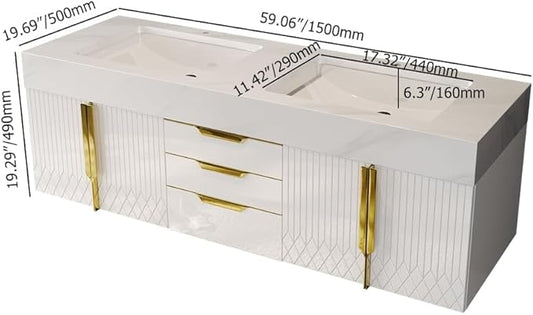 KunMai 59" White Floating Bathroom Vanity with Faux Marble Top, Double Ceramic Vessel Sinks, Wall-Mounted Design, 3 Drawers for Storage, Modern Bathroom Cabinet with Gold Hardware Finish