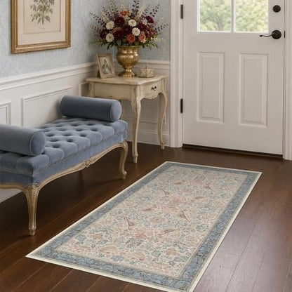 Vintage Boho 2x4 Area Rug for Entryway - Washable Blush Red Slate Blue Kitchen Rug for the Floor, Low Pile Non-Slip Rugs for Bathroom, Floral Bird Pattern Decor & Stain Resistance