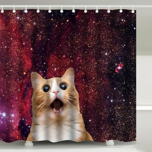 Funny Ginger Cat Red Galaxy Nebula Shower Curtain with Hooks 72 x 72 Inches