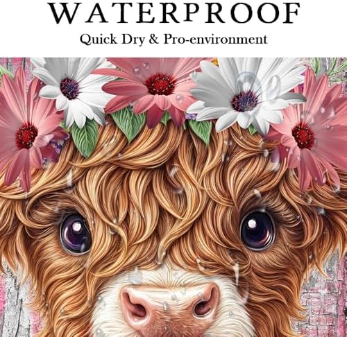 Funny Highland Cow Daisy Flower Shower Curtain, Rustic Wooden Barn Door Farm Animal Shower Curtain Set Farmhouse Western Bath Curtain Modern Cattle Bull Bathroom Accessories Home Decor 47X64in