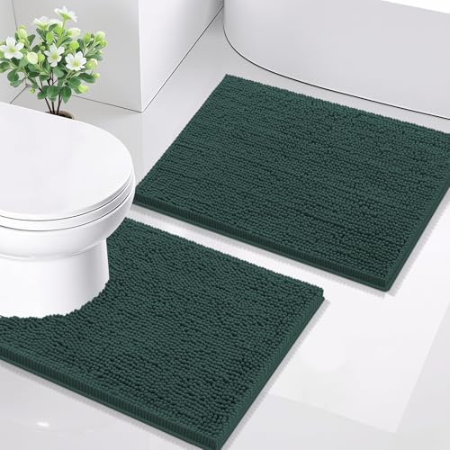Smiry Chenille Bathroom Rugs Sets 2 Piece (24x16+ U Shape 24x20, Green)