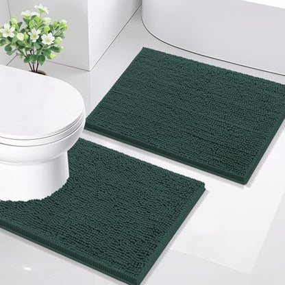 Smiry Chenille Bathroom Rugs Sets 2 Piece (24x16+ U Shape 24x20, Green)