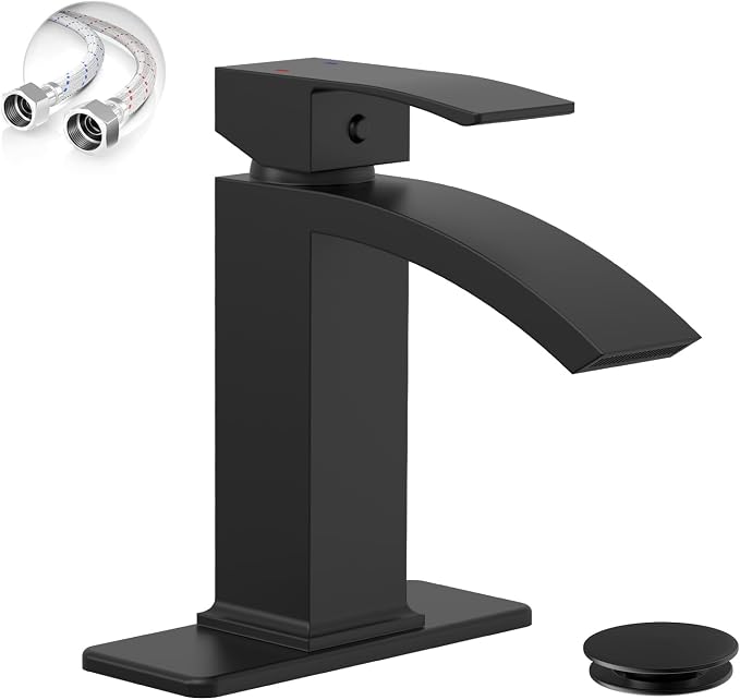 Matte Black Waterfall Bathroom Faucets for 1 or 3 Holes, Brass | Single Handle Bathroom Sink Faucet for Lavatory Commercial Vanity, Basin Taps with Deck Plate, Pop Up Drain and Supply Line