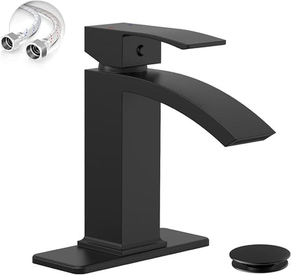 Matte Black Waterfall Bathroom Faucets for 1 or 3 Holes, Brass | Single Handle Bathroom Sink Faucet for Lavatory Commercial Vanity, Basin Taps with Deck Plate, Pop Up Drain and Supply Line