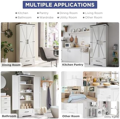 JXQTLINGMU Farmhouse Kitchen Pantry Cabinet - 72" Tall Wood Kitchen Storage Cabinets with Adjustable Shelves & 2 Barn Style Doors & Drawer, Versatile Storage for Dining Room, Bathroom, Antique White