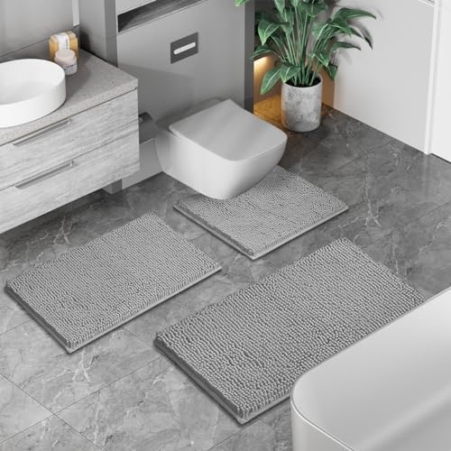 RUN HELIX 3 Piece Bathroom Rug Set Non Slip 3 Piece Bath Rug Set Ultra Soft Bath Rug,Absorbent Shaggy Bath Mat,Perfect Plush Bathroom Mats Sets with U-Shaped Toilet Mat