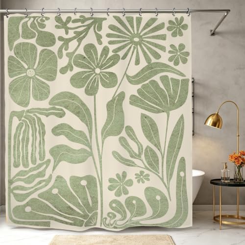 Sage Green Matisse Flower Shower Curtain 60Wx72L Inch Abstract Retro Minimalist Vintage 70s Aesthetic Bathroom Set Accessories Decor with 12 Pack Hooks