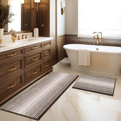BSICPRO Bathroom Rugs Sets 2 Piece, Non Slip Striped Bath Mats, Brown