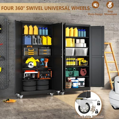 74" Metal Garage Storage Locker Cabinet with Wheels,Rolling White Farmhouse Kitchen Pantry Cabinet with 2 Doors and 5 Adjustable Shelves, Steel File Tool Cabinet for Home Office Warehouse