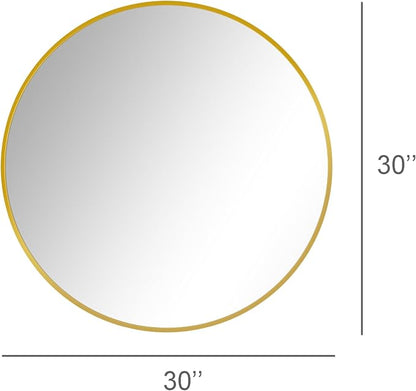30 Inch Gold Round Circle Mirror for Bathroom Wall, Metal Frame | HD tempered glass for clear, distortion-free reflection. Mounting hardware included for vertical or horizontal wall mount.