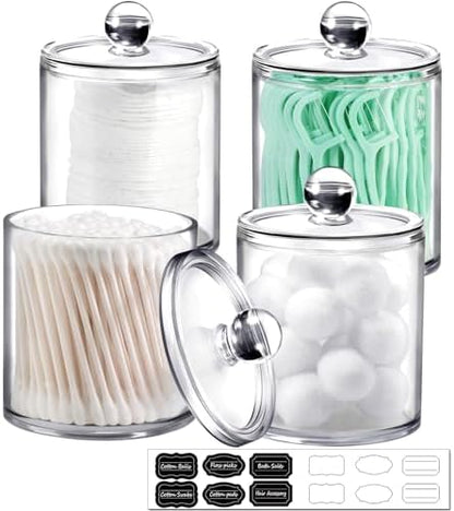 SheeChung 4 Pack Acrylic Qtip Holder with Labels, Qtip Jars for Bathroom