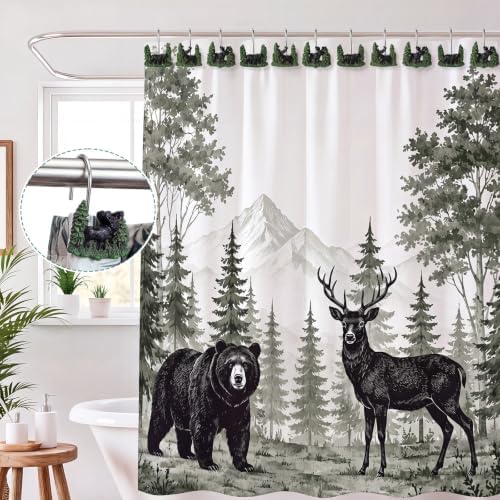 Roowest 12 Pcs Farmhouse Shower Curtain Hooks Wildlife Animal Bear Deer