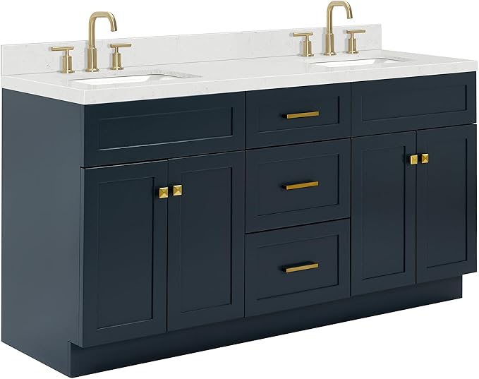 ARIEL Hamlet 66-inch Bathroom Vanity with Sink,Solid Wood, 1.5-inch Carrara White Quartz Countertop, Double Rectangular Porcelain Sink, 4 Soft Closing Doors, 3 Dovetail Drawers, Midnight Blue