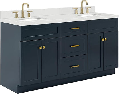 ARIEL Hamlet 66-inch Bathroom Vanity with Sink,Solid Wood, 1.5-inch Carrara White Quartz Countertop, Double Rectangular Porcelain Sink, 4 Soft Closing Doors, 3 Dovetail Drawers, Midnight Blue