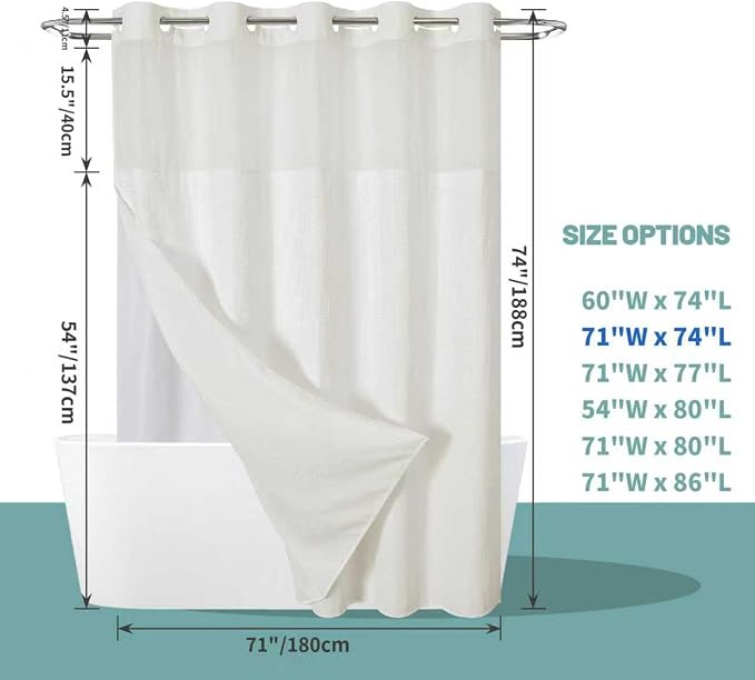 eachope No Hook Waffle Shower Curtain with Snap-in Liner, 71x74 Inch, Cream | 230 GSM waffle weave fabric, waterproof liner set with 2 bottom magnets, mesh top window, washable, for bathroom or hotel use