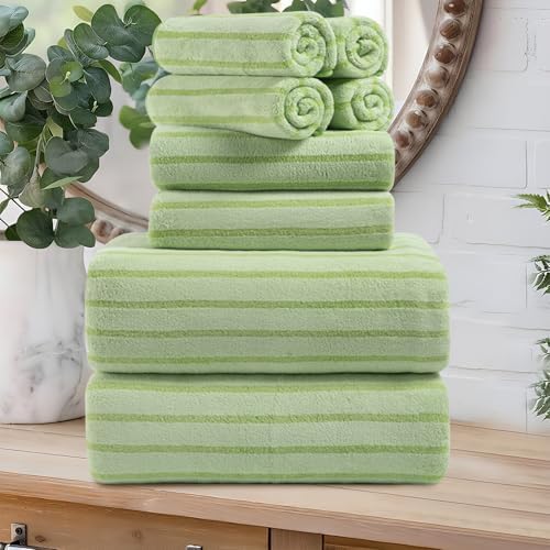 8 Pcs Grass Green Cabana Stripe Large Bath Towel Set - 2 Oversized Bath Sheets, 2 Hand Towels, 4 Washcloths - Soft Jumbo Absorbent Shower Beach Chair Spa Gym Hotel Towels