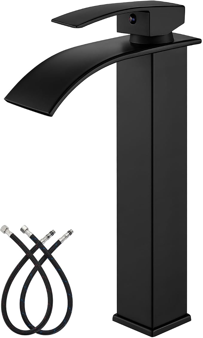 gotonovo Waterfall Tall Bathroom Faucet 1 Hole No Drain, Matte Black | Modern Vessel Sink Faucet Single Handle 304 Stainless Steel,24” cUPC Supply Hoses,for Bowl Basin Lavatory Vanity Restroom RV
