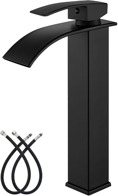 gotonovo Waterfall Tall Bathroom Faucet 1 Hole No Drain, Matte Black | Modern Vessel Sink Faucet Single Handle 304 Stainless Steel,24” cUPC Supply Hoses,for Bowl Basin Lavatory Vanity Restroom RV