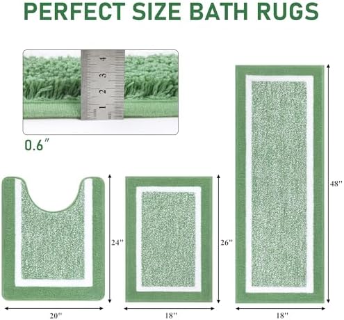 Pauwer Bathroom Rugs 3 Piece Set, Non Slip Washable Bath Mat, Green