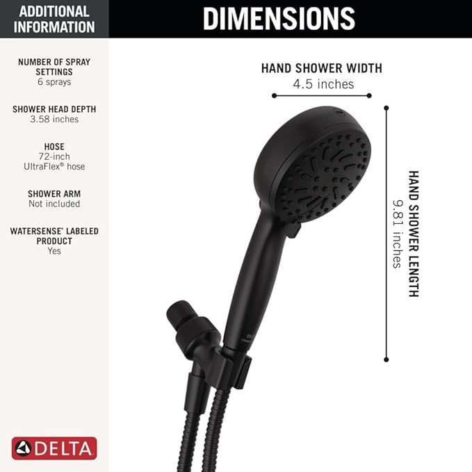 Delta Faucet ProClean Matte Black Shower Head with Handheld, Showerhead with High Pressure Spray, Handheld Shower Head, 6 Spray Settings, Matte Black 75740BL
