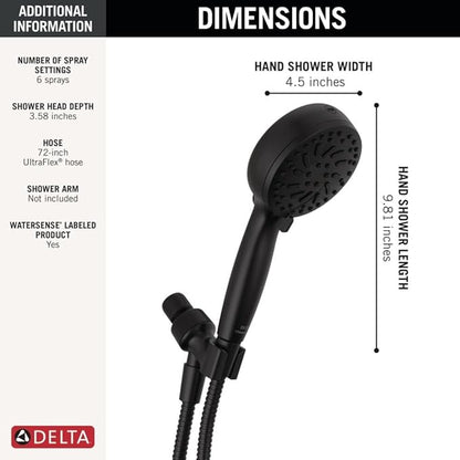 Delta Faucet ProClean Matte Black Shower Head with Handheld, Showerhead with High Pressure Spray, Handheld Shower Head, 6 Spray Settings, Matte Black 75740BL