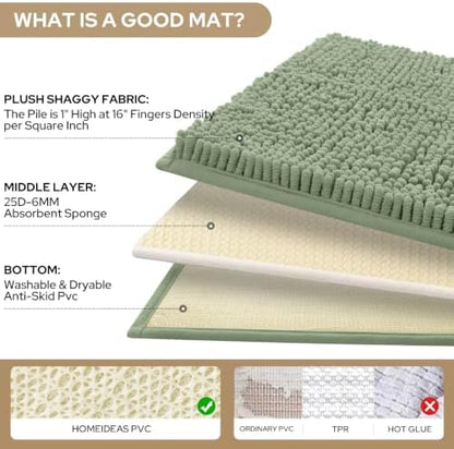 HOMEIDEAS Sage Green Chenille Bathroom Rugs Set of 3, Non Slip Bath Mat