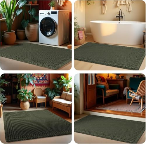 Waffle Bath Mat, Boho Woven Modern Bath Rug Absorbent Non Slip, Ultra Soft Bathroom Mats, Machine Washable Knit Bath Rugs with Herringbones for Bathroom, Bedroom, Kitchen, Shower, 36"x24", Dark Green