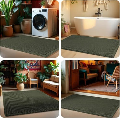 Waffle Bath Mat, Boho Woven Modern Bath Rug Absorbent Non Slip, Ultra Soft Bathroom Mats, Machine Washable Knit Bath Rugs with Herringbones for Bathroom, Bedroom, Kitchen, Shower, 36"x24", Dark Green