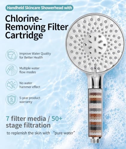 SR SUN RISE Filtered Shower Head with Handheld High Pressure 9 Spray Mode Showerhead Detachable Shower Head Water Softener Filters Beads for Hard Water Remove Chlorine 1 Filter 1.8GPM Chrome