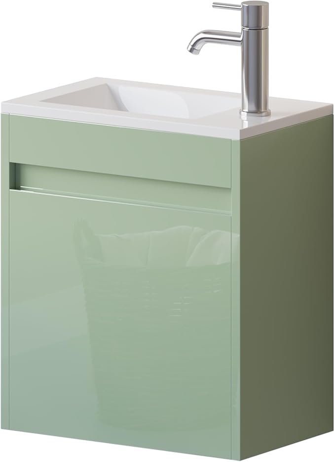 wonline 16" Small Floating Green Bathroom Vanity Sink Combo, Wall Mounted Narrow Single Cabinet with Resin Basin Sink Top, Water Saving Chrome Faucet & Pop-Up Drain-Glossy Green