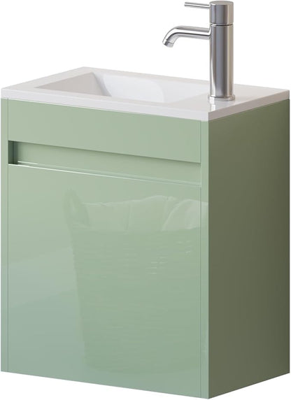 wonline 16" Small Floating Green Bathroom Vanity Sink Combo, Wall Mounted Narrow Single Cabinet with Resin Basin Sink Top, Water Saving Chrome Faucet & Pop-Up Drain-Glossy Green