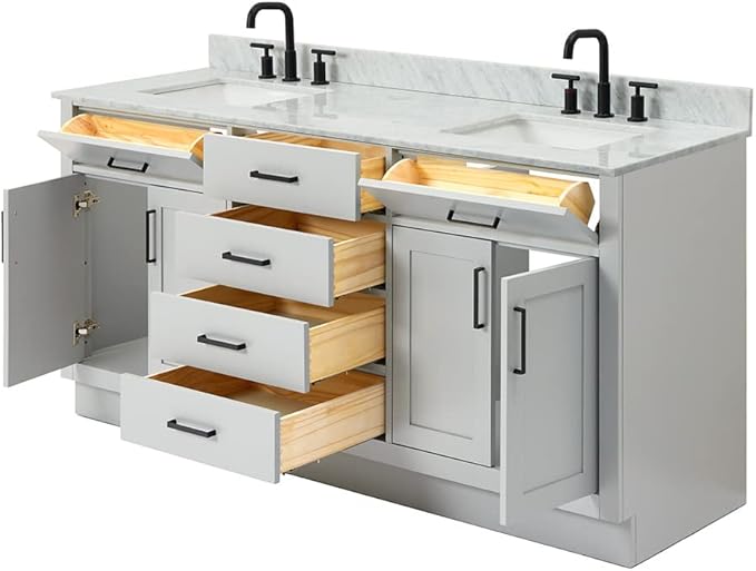 ARIEL Hepburn 72-inch Bathroom Vanity with Sink,Solid Wood, 0.75-inch Italian Carrara Marble Countertop, Double Rectangular Porcelain Sink, 4 Soft Closing Doors, 6 Dovetail Drawers, Grey