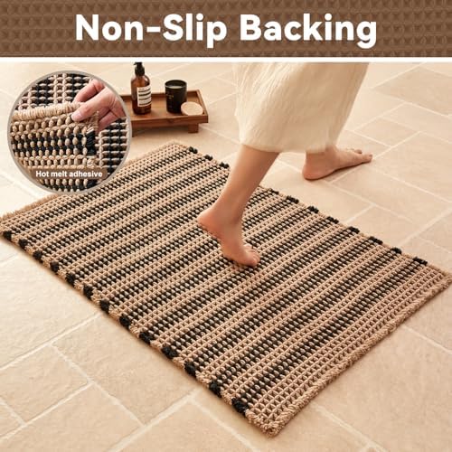 Triohero Waffle Bath Mat, Small Boho Bathroom Rugs, 16x24 Khaki & Black