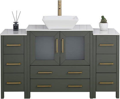 Vanity Art 54 Inch Vessel Single Sink Bathroom Vanity Cabinet with 1 Mirror, Engineered Marble Top Bathroom Cabinet Compact Set with 8 Dovetail Drawers and Soft Closing Doors, VA3130-54VG