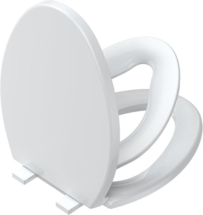 19" Elongated Toilet Seat with Built-In Toddler Seat, Quiet-Close Potty Training Seat for Family, Quick-Release & Grip-Tight Bumpers, Quick-Attach Hardware, White