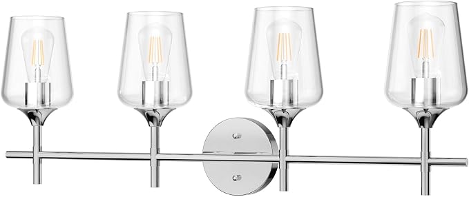 Ralbay Chrome Bathroom Vanity Light - 4 Light Industrial Farmhouse Style, Clear Glass, Over Mirror
