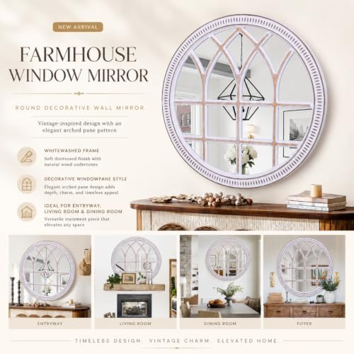 Round Window Mirror Wood 30 Inch Rustic Farmhouse Wall Mirrors for Entryway