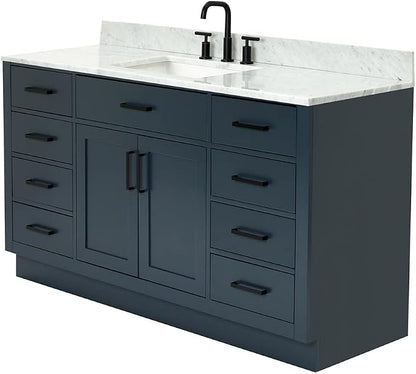 ARIEL Hepburn 60-inch Bathroom Vanity with Sink,Solid Wood, 0.75-inch Italian Carrara Marble Countertop, Single Rectangular Porcelain Sink, 2 Soft Closing Doors, 9 Dovetail Drawers, Midnight Blue