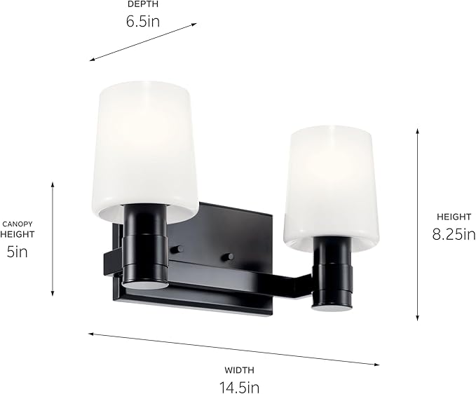 Kichler Adani 2-Light Vanity, Modern Light with Opal Glass in Black, Bathroom or Powder Room (8.25" x 14.5"), 55175BK