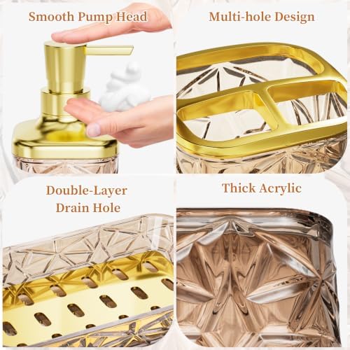 Bathroom Accessory Set, 7 Pcs Brown Bathroom Set, Acrylic Soap Dispenser and Toothbrush Holder Set, Qtip Holder Set, Bathroom Sink Set, Gift for Home Apartment