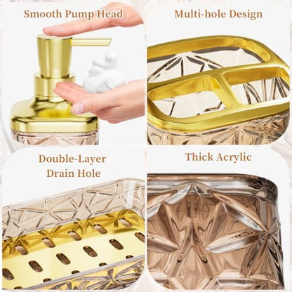 Bathroom Accessory Set, 7 Pcs Brown Bathroom Set, Acrylic Soap Dispenser and Toothbrush Holder Set, Qtip Holder Set, Bathroom Sink Set, Gift for Home Apartment