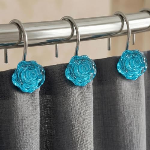 Teal Blue Rose Shower Curtain Hooks: Turquoise Aqua Flower Rings, 12Pcs
