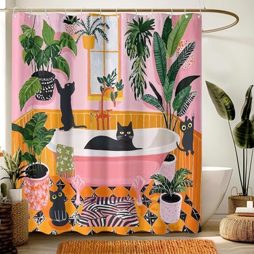 Funny Cat Shower Curtain Boho Cute Fun Black Cats Matisse Shower Curtains for Bathroom Kitten Green Tropical Plant Leaves Pink Orange Yellow Waterproof Fabric Bath Curtain Decor 72 X 72 Inches