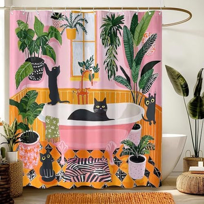 Funny Cat Shower Curtain Boho Cute Fun Black Cats Matisse Shower Curtains for Bathroom Kitten Green Tropical Plant Leaves Pink Orange Yellow Waterproof Fabric Bath Curtain Decor 72 X 72 Inches