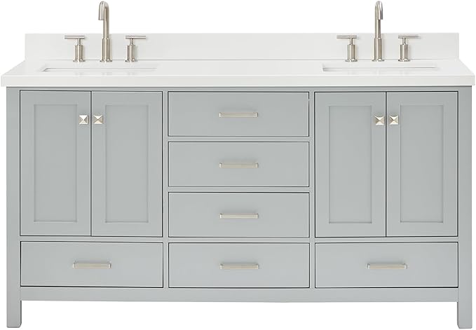ARIEL Cambridge 66-inch Bathroom Vanity with Sink,Solid Wood, 1.5-inch Pure White Quartz Countertop & Backsplash, Double Rectangular Porcelain Sink, 4 Soft Closing Doors, 6 Dovetail Drawers, Grey