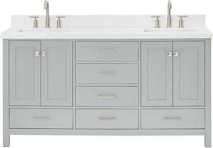 ARIEL Cambridge 66-inch Bathroom Vanity with Sink,Solid Wood, 1.5-inch Pure White Quartz Countertop & Backsplash, Double Rectangular Porcelain Sink, 4 Soft Closing Doors, 6 Dovetail Drawers, Grey
