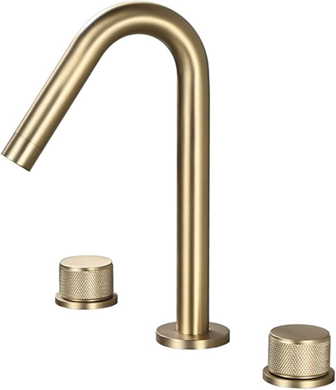 3 Hole Basin Mixer Faucet Brass Swivel Hot and Cold Water Double Handle 3 Hole Bathroom Faucets-Brushed Gold
