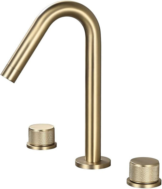 3 Hole Basin Mixer Faucet Brass Swivel Hot and Cold Water Double Handle 3 Hole Bathroom Faucets-Brushed Gold